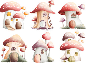 Watercolor Illustration set of Mushroon House