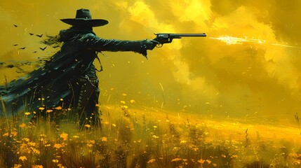 Wild west outlaw shooting with his gun