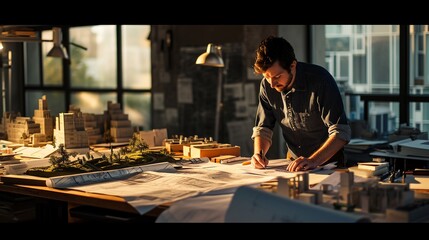 Focused Architect Working on Blueprints Amidst Detailed Architectural Models in a Sunlit Studio with Hanging Lights