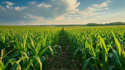 A picturesque scene unfolds in a vast corn plantation field as lush green stalks reach towards the sky, bearing golden corn cobs. 