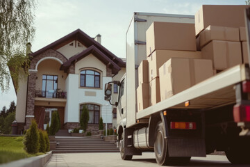 Home moving concept: Close-up and front view of a truck full of moving boxes near a single family house with lovely yard...