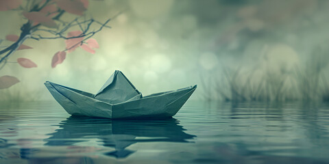 paper boat love bond, inspirational cool background , dance on the ripples of hours, and not reach any destination. blue lake scene 