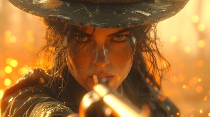 Female gunslinger pointing her revolver