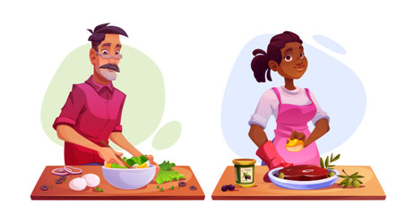 Food cooking process - cartoon vector illustration set of man and woman preparing delicious healthy meals. People demonstrate making salad and meat. Kitchen video blog course or restaurant work.