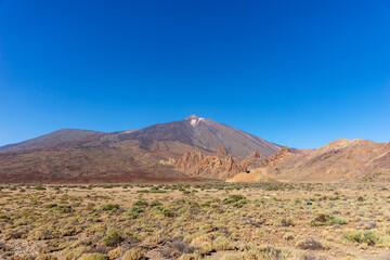 View of the famous Pico del Teide mountain volcano summit. Teide National Park Tenerife. Canary Islands. Spain