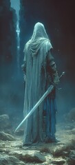 Hooded fantasy warrior in white cloak