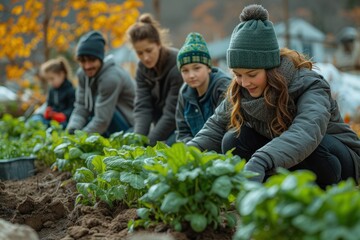 A community garden where families are interacting, helping each other, planting trees, and more.