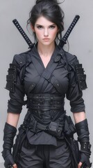 Female mercenary with two katanas on her back
