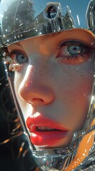 Close-up of a woman's face with robotic parts