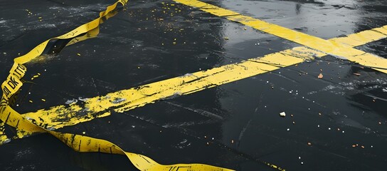 Close-up of yellow caution tape over dark surface, safety and warning theme photograph. urban style image, horizontal orientation. AI