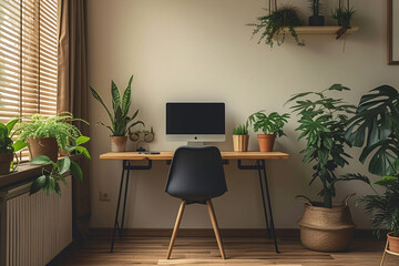Minimalist Scandinavian Interior Home Office Room Plants in Vase, Home Workstation Chair and Desk Couch Sofa Sunlight from window