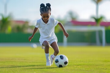 Black skinned girl playing football and dribbling