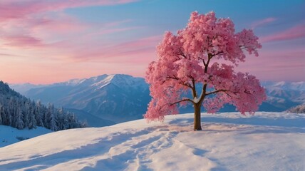 winter landscape with pink tree in snow