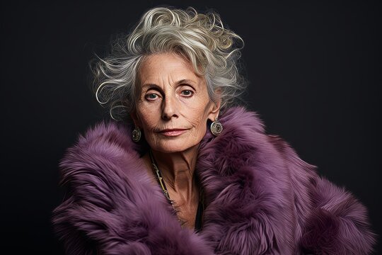 Portrait of a beautiful senior woman in a fur coat on a dark background