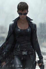 Female mercenary with a long leather coat