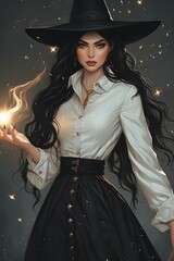 Witch in white blouse casting a spell