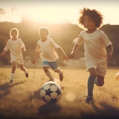 Three children chasing a football