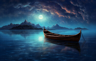 Boat on moonlit night river.