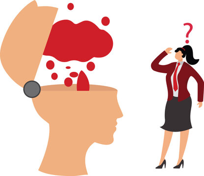 Businesswoman with head exploding, thought bubble popping out