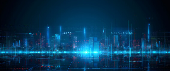 Illustration of a modern futuristic smart city concept with abstract bright lights against a blue background. Showcases cityscape urban architecture, emphasizing a futuristic technology city concept.
