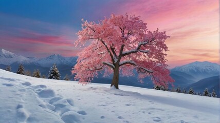 pink tree in snow and winter background
