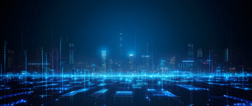 Illustration of a modern futuristic smart city concept with abstract bright lights against a blue background. Showcases cityscape urban architecture, emphasizing a futuristic technology city concept.