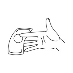 Hand gesture with banknote. Line human hand paying cash money. Vector illustration. Finance, purchase, buying concept design. Sketch drawing. Commerce, banking, tips symbol.