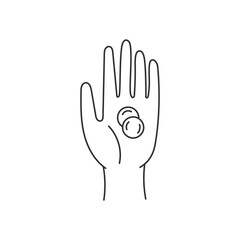 Hand holding coins line drawing. Hand drawn gesture with money, cash. Vector illustration. Charity, poverty, savings, earnings, commerce concept design.