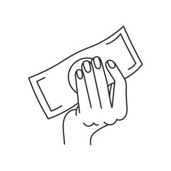 Hand holding banknote sketch. Cash money giving gesture. Line drawing. Vector illustration. Payment, purchase, buying, investment concept design.
