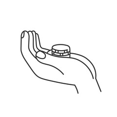 Hand holding coins. Black line art. Hand drawn vector illustration. Money, cash, earnings, accounting, finance, business, economy, investment, payment, commerce concept design