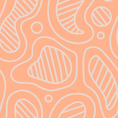 Peach fuzz abstract seamless pattern with liquid shapes. Modern hand drawn orange background with wavy fluid elements. Geometric line texture. Colorful repeat vector illustration.