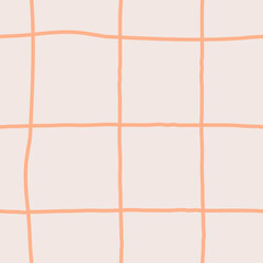 Modern checkered seamless pattern with orange lines. Hand drawn abstract geometric background with crossed curves. Trendy grid texture. Plaid repeat vector illustration for backdrop, fabric, greeting 
