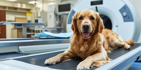 Doctor preparing dog to have lumbar spine MRI. Vets examining x-ray on Labrador dog lying in veterinary surgery hospital. Veterinary and animal care - obrazy, fototapety, plakaty