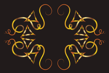 Fototapeta premium Illustration with swirls and sharp corners. Symmetrical ornament, applique, background with space for inscription. Fantasy. Gold gradient on a black background for printing on fabric, applique and car