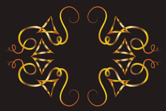 Illustration with swirls and sharp corners. Symmetrical ornament, applique, background with space for inscription. Fantasy. Gold gradient on a black background for printing on fabric, applique and car