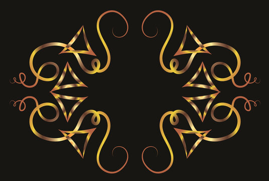 Illustration with swirls and sharp corners. Symmetrical ornament, applique, background with space for inscription. Fantasy. Gold gradient on a black background for printing on fabric, applique and car