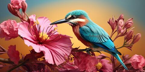 "Realistic Colourful nature bird and butterfly background.