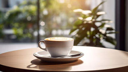 Blurred modern background, a cup of coffee on a wooden tabletop. GenerativeAI