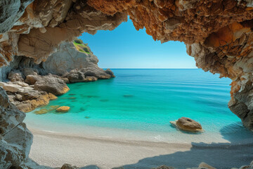 A beautiful seaside cave with turquoise ocean, blue sky and sunlit, showcasing the beauty of reef landscapes...