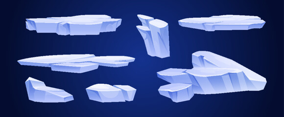 Set of ice floes isolated on background. Vector cartoon illustration of abstract shape frozen iceberg pieces for snowy winter landscape design, north pole game platforms, arctic island elements