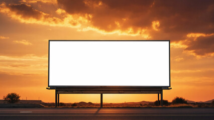 A lone street billboard stands tall against a vivid sunset sky and its surface blank and waiting for a message to be displayed 