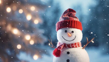 Christmas greeting card and winter background with copy space for text. Happy snowman with snow and blurred bokeh lights. Generative AI.