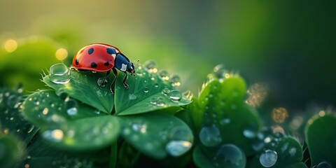 Obraz premium Macro photo of Ladybug in the green grass. Macro bugs and insects world. Nature in spring concept.