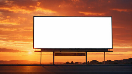 Obraz premium A lone street billboard stands tall against a vivid sunset sky and its surface blank and waiting for a message to be displayed 