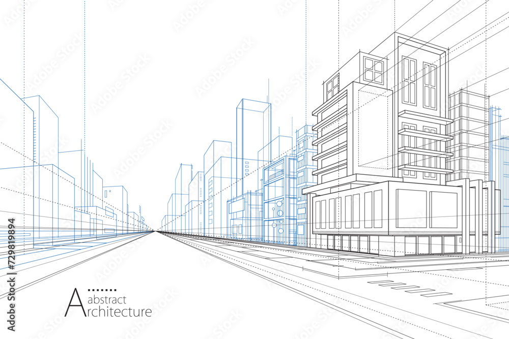 Aufkleber 3d illustration abstract modern urban building out-line drawing of imagination architecture building