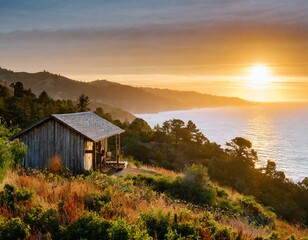 sunset in the mountains  landscape, mountain, sky, house, nature, sea, grass, hut, summer, mountains, norway,