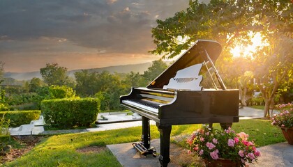 Harmony Unveiled: Grand Piano Serenade in the Sunset Garden