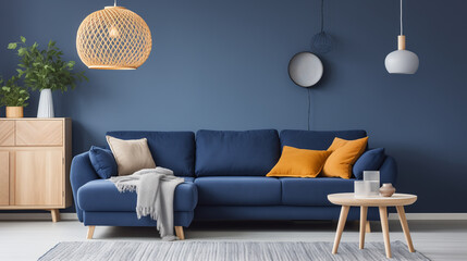 the living room with blueblue walls, orange chairs, and yellow lamps, in the style of monochrome, luxurious, dark blue and dark beige, interior scenes, light indigo and light amber, subtlety - obrazy, fototapety, plakaty