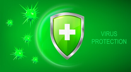 Virus protection banner with shield, cross and bacteria on green background. Vector realistic illustration of piked cells attacking immune safety bubble, medical poster template, vaccination concept