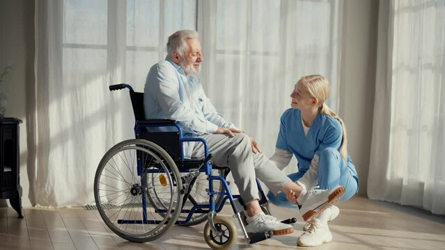 Social worker helps man in wheelchair. Female social welfare physical therapist looks after senior male, providing medical care with legs at home. Living with legs paralysis, special needs people.